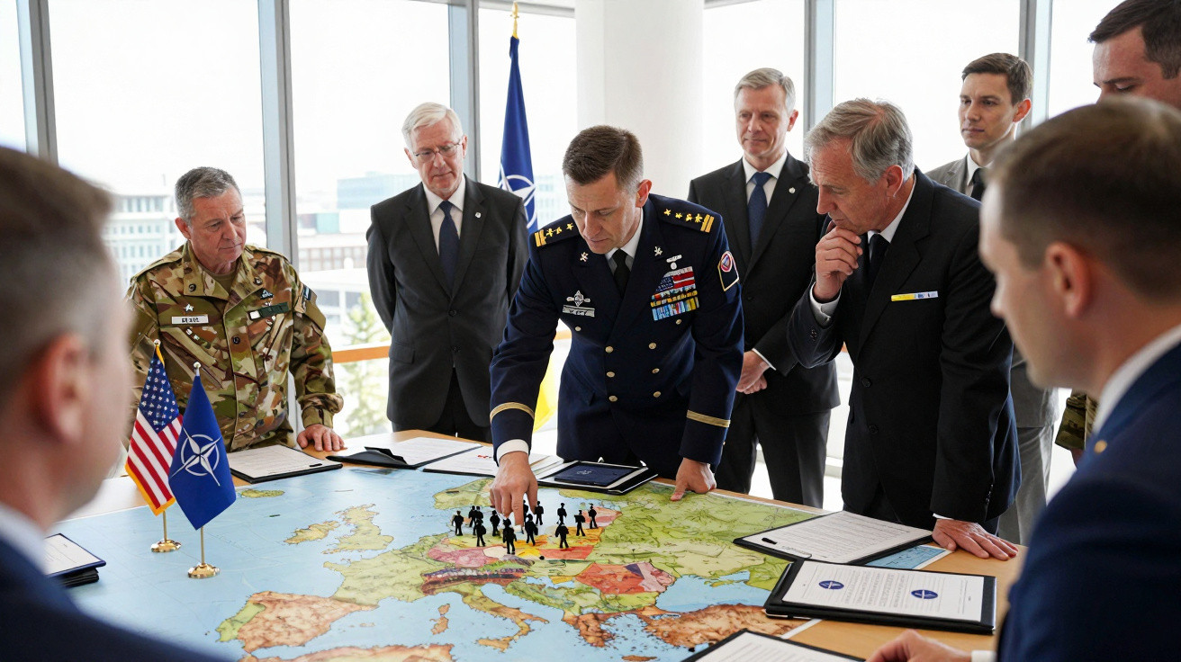 Oficiais militares e diplomatas reunidos em volta de uma mesa com mapa da Europa e figuras estratégicas.