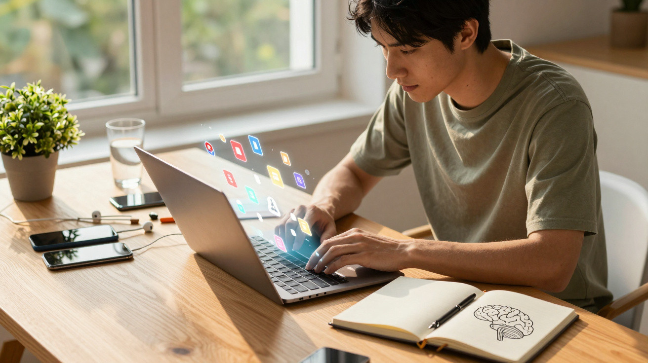 Jovem a usar computador portátil com ícones digitais a surgir, mesa com caderno, telemóveis, copo de água e planta.