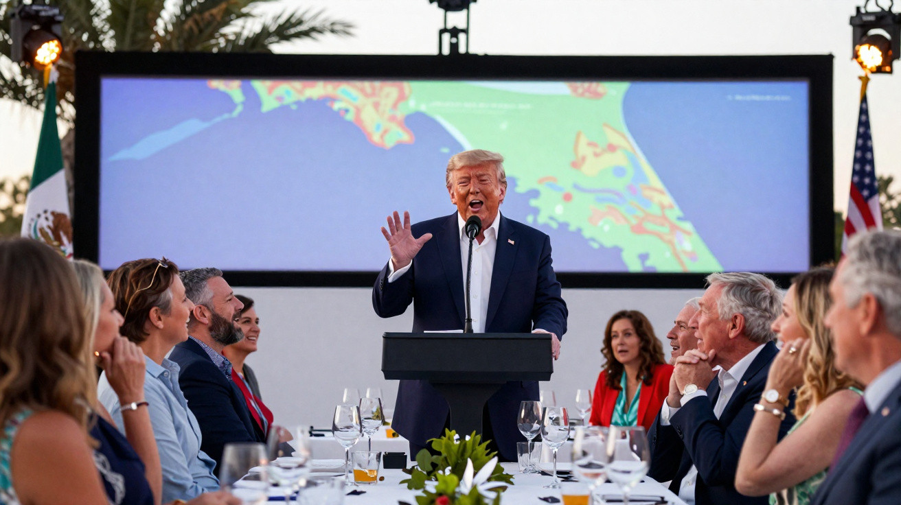 Donald Trump a falar num púlpito durante um jantar formal ao ar livre com várias pessoas sentadas à mesa.
