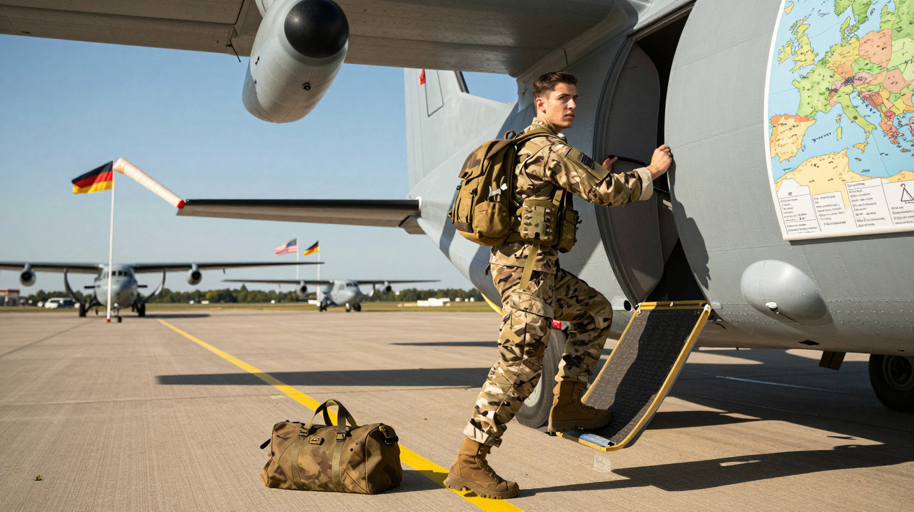 Soldado com uniforme camuflado a entrar em avião militar junto a mala no chão e bandeira da Alemanha ao fundo.