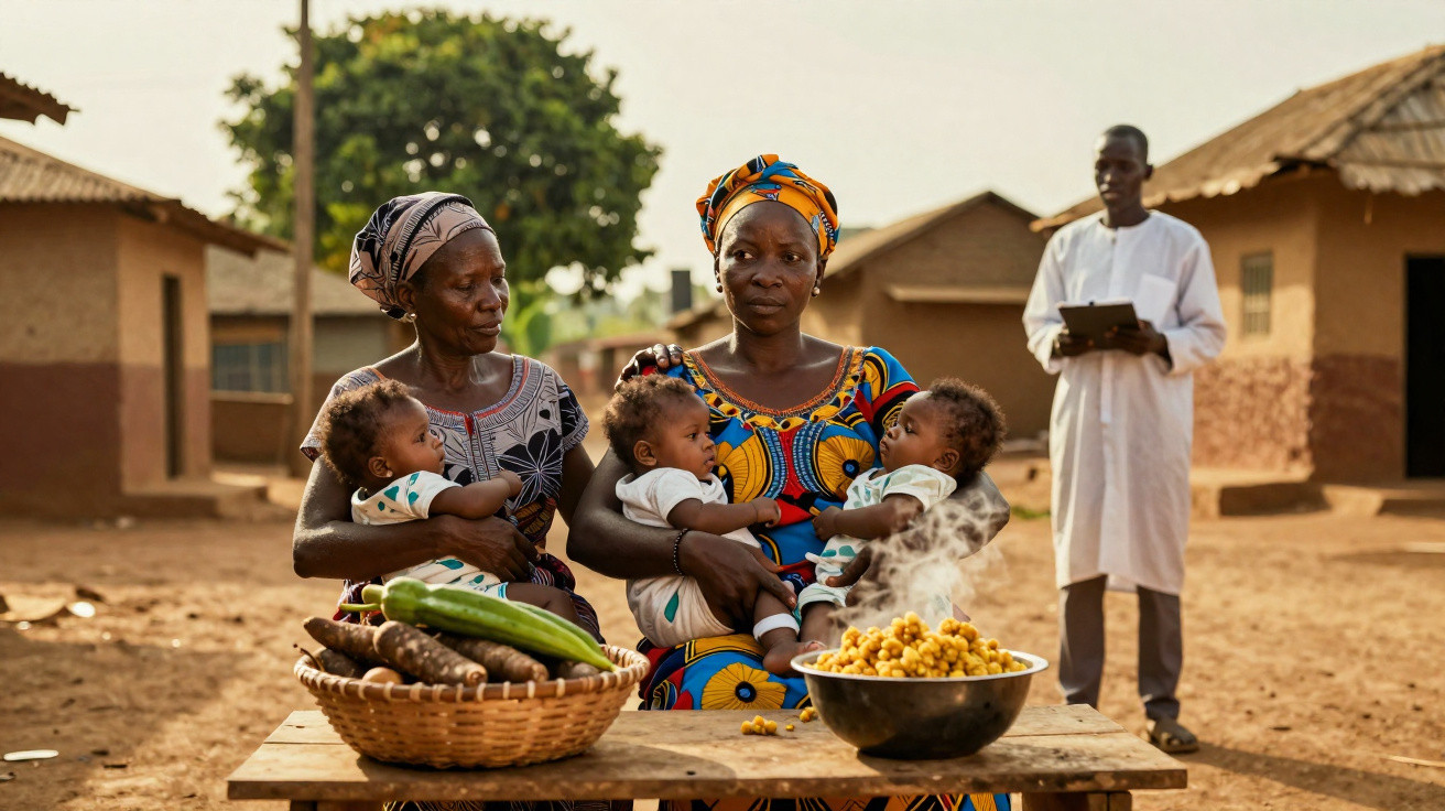 Duas mulheres sentadas com bebés ao colo numa aldeia, com legumes numa cesta e comida quente na mesa.