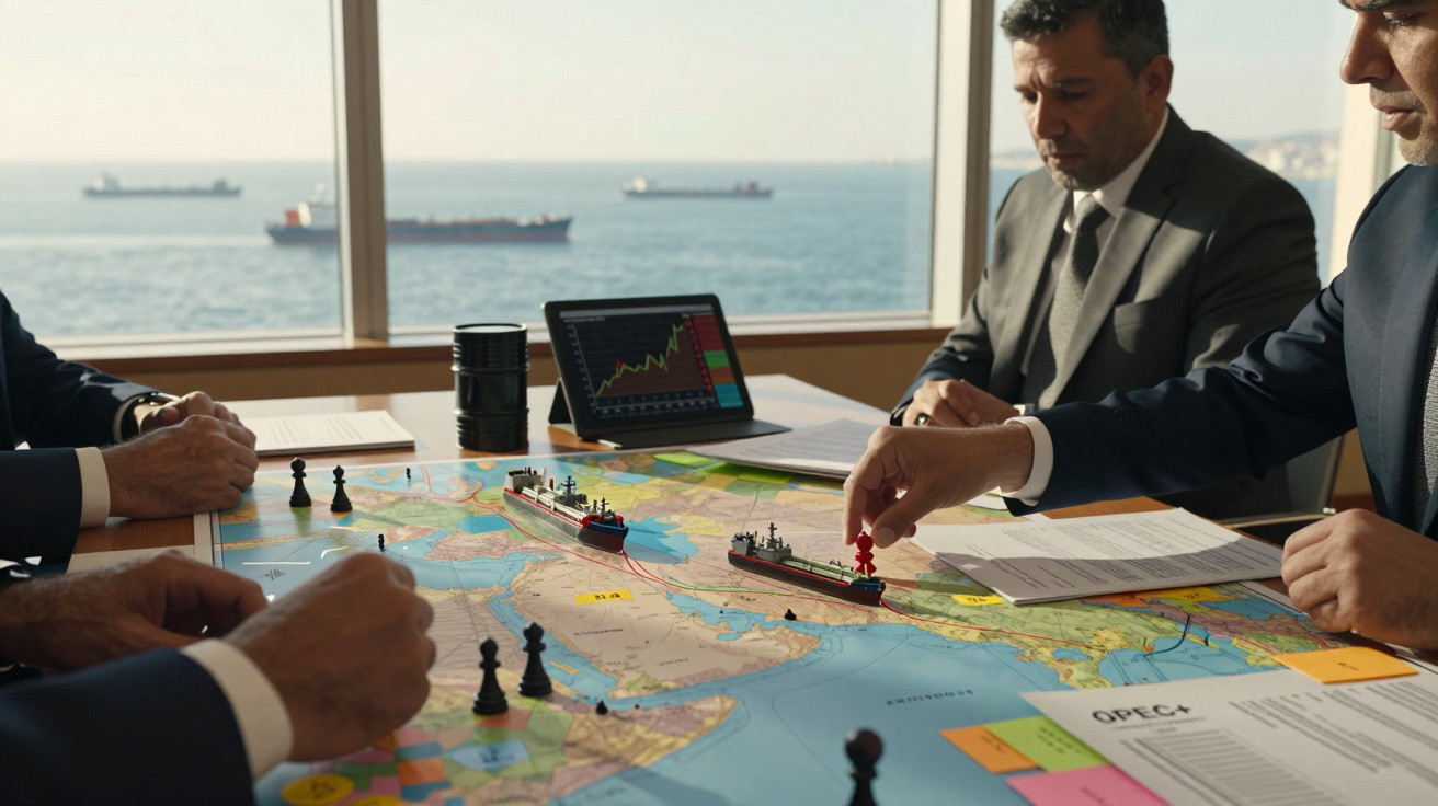 Homens em fato planeiam estratégias navais com mapas, modelos de navios e gráficos à vista do mar.