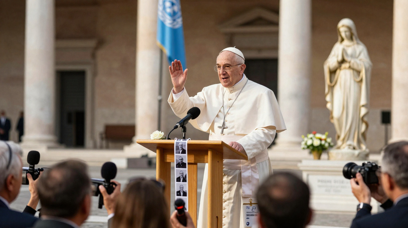 Papa Francisco a discursar em púlpito, com público a fotografar e estátua religiosa ao fundo.
