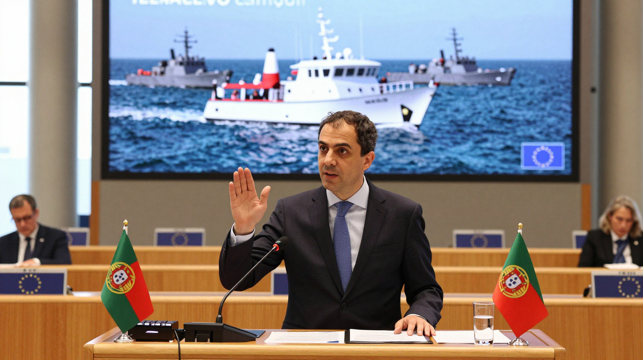 Homem de fato grisalho a prestar juramento com bandeiras de Portugal em púlpito e ecrã de navios ao fundo.