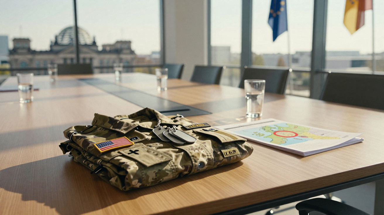 Fardamento militar e documentos numa mesa de reunião com bandeiras e edifício parlamentar ao fundo.