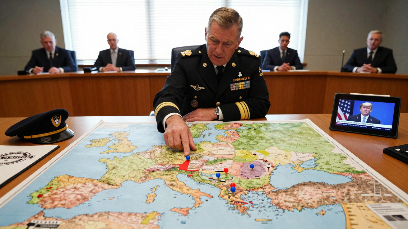 Militar armado aponta para mapa da Europa numa sala de reunião com outras quatro pessoas no fundo.