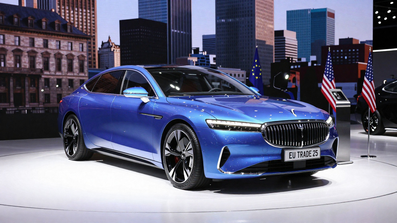 Automóvel elétrico azul brilhante em exposição com cenário urbano e bandeiras da UE e EUA ao fundo.