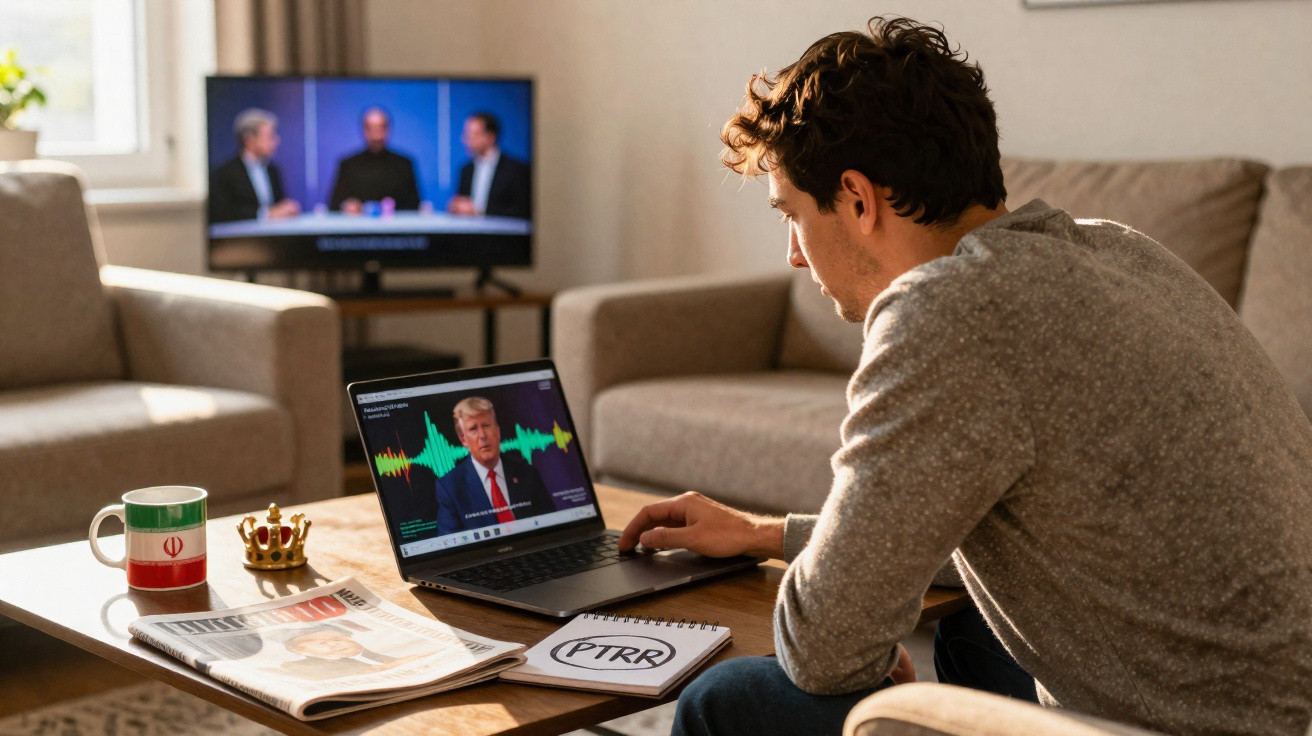 Homem sentado no sofá a assistir a notícias num laptop com imagem de político e gráficos de áudio.