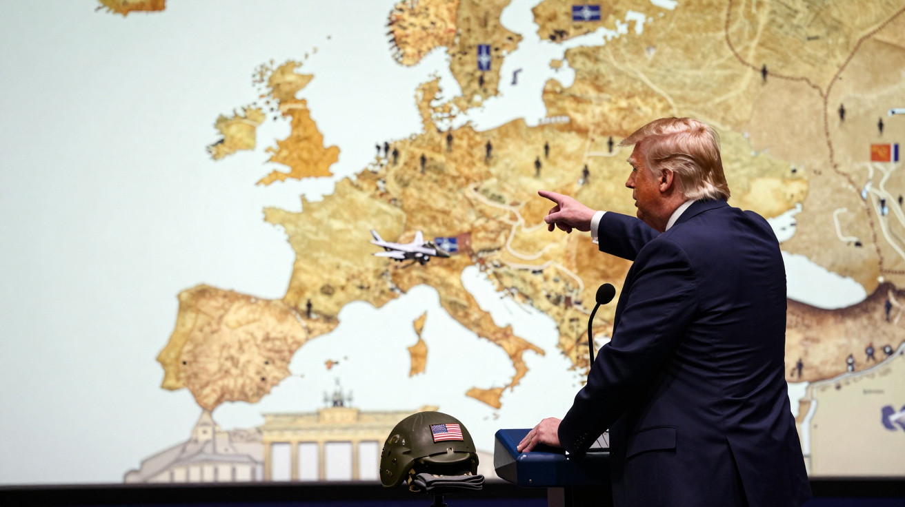 Homem aponta para um mapa histórico da Europa, com capacete militar sobre a mesa.