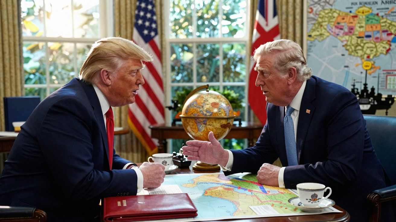 Dois homens de fato discutem sobre um mapa numa sala com bandeiras dos EUA e do Reino Unido ao fundo.