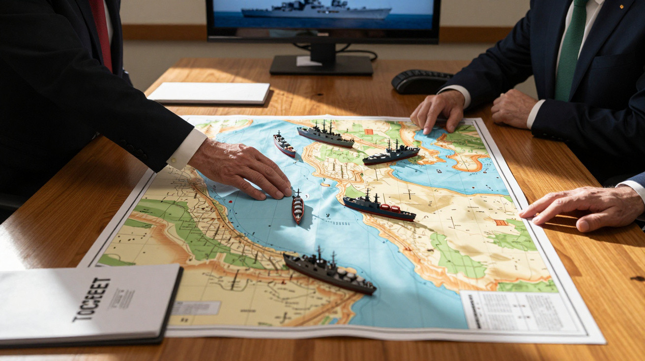 Duas pessoas em reunião planeiam estratégia com mapa naval e miniaturas de navios sobre a mesa de madeira.