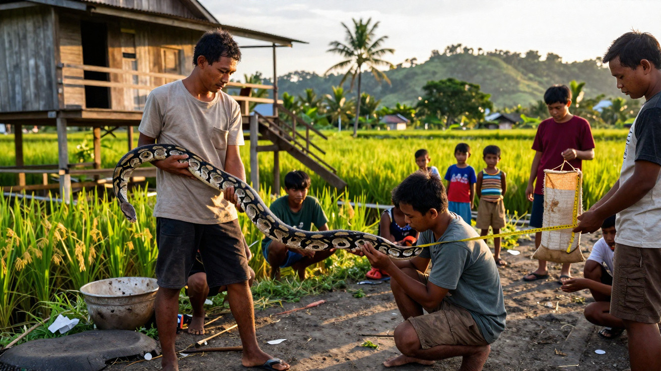 Homens e crianças interagem com uma grande cobra num ambiente rural junto a arrozais e uma casa de madeira.
