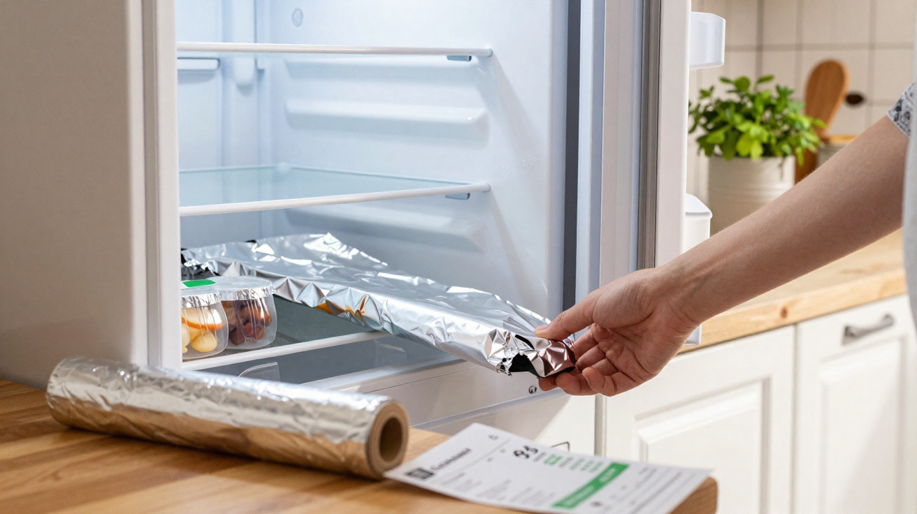 Mão a forrar prateleira do frigorífico com papel alumínio na cozinha com bancada de madeira.