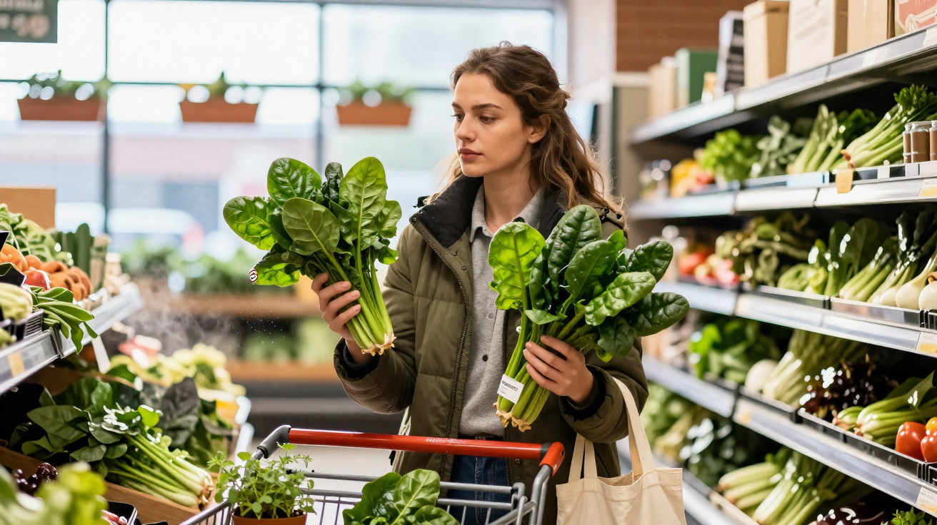 Mulher a escolher folhas de espinafre frescas num supermercado de produtos verdes.