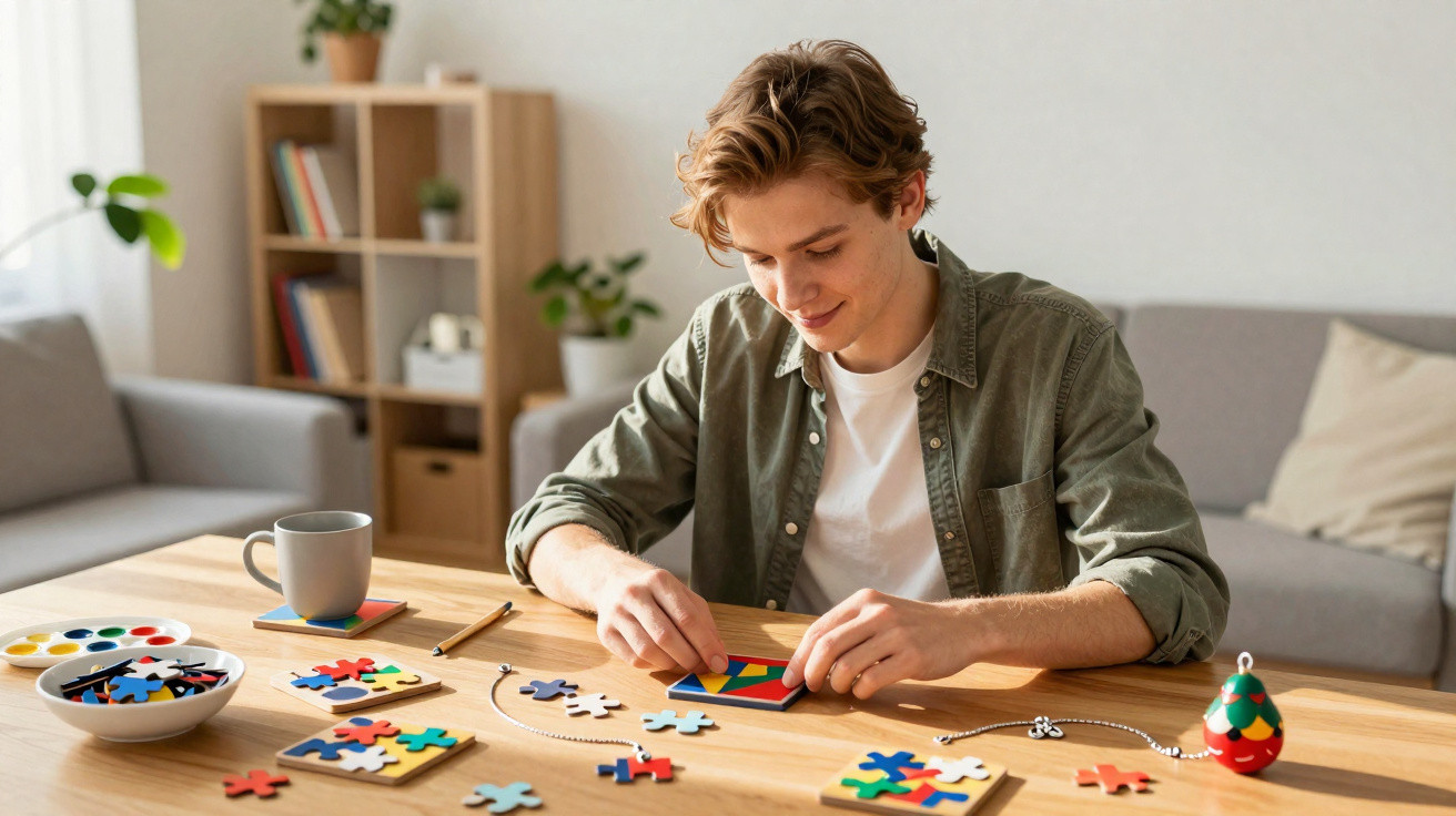 Jovem sentado à mesa a montar um puzzle de madeira colorido numa sala acolhedora e iluminada.