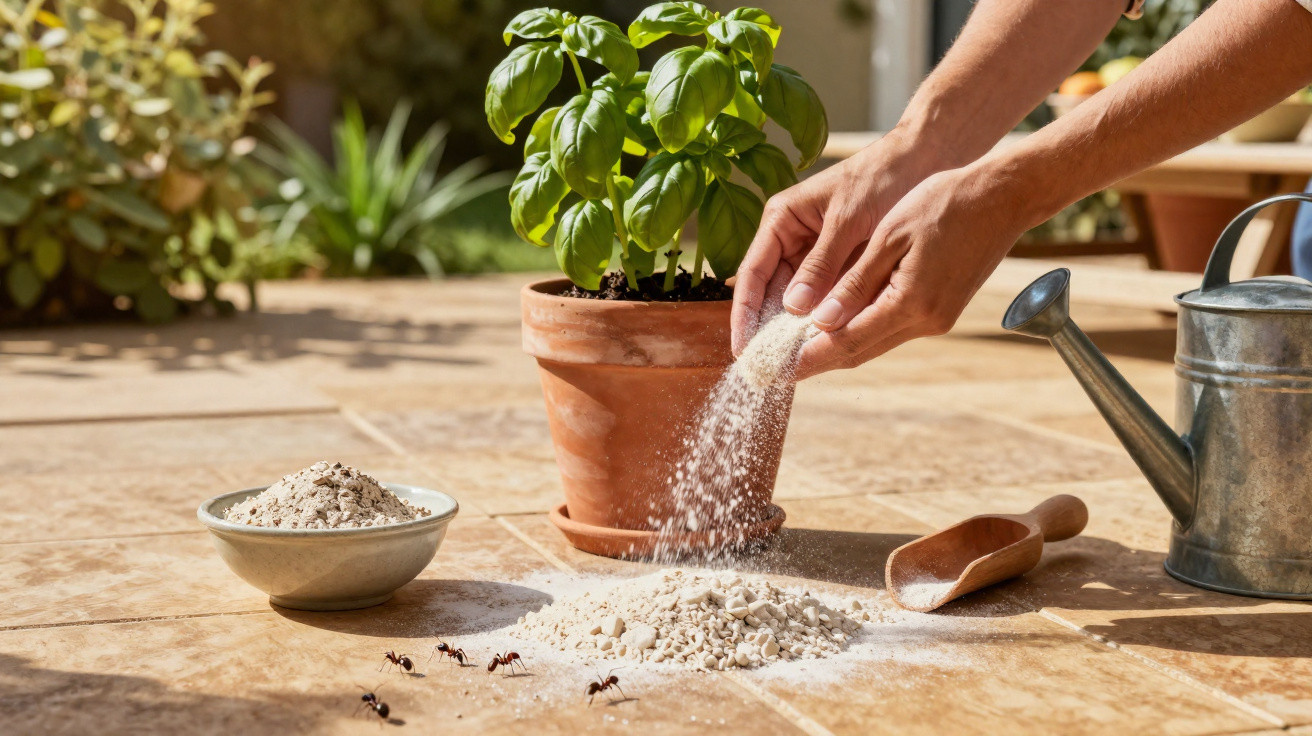 Mãos a aplicar fertilizante em vaso com planta ao lado de regador e formigas no chão de terraço.