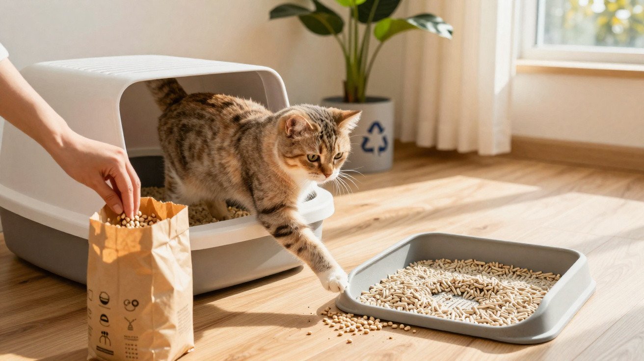 Gato saindo da caixa sanitária para usar a bandeja de pellets orgânicos num chão de madeira.