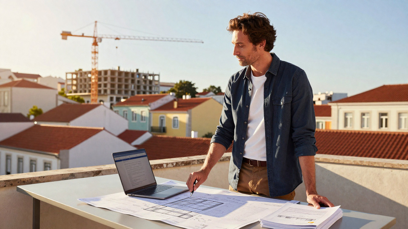 Homem a trabalhar em planta arquitetónica numa varanda com computador portátil ao entardecer.