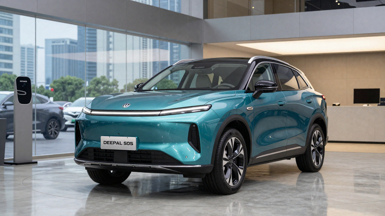 Carro elétrico azul Deepal S05 estacionado em showroom moderno com paredes de vidro e iluminação natural.