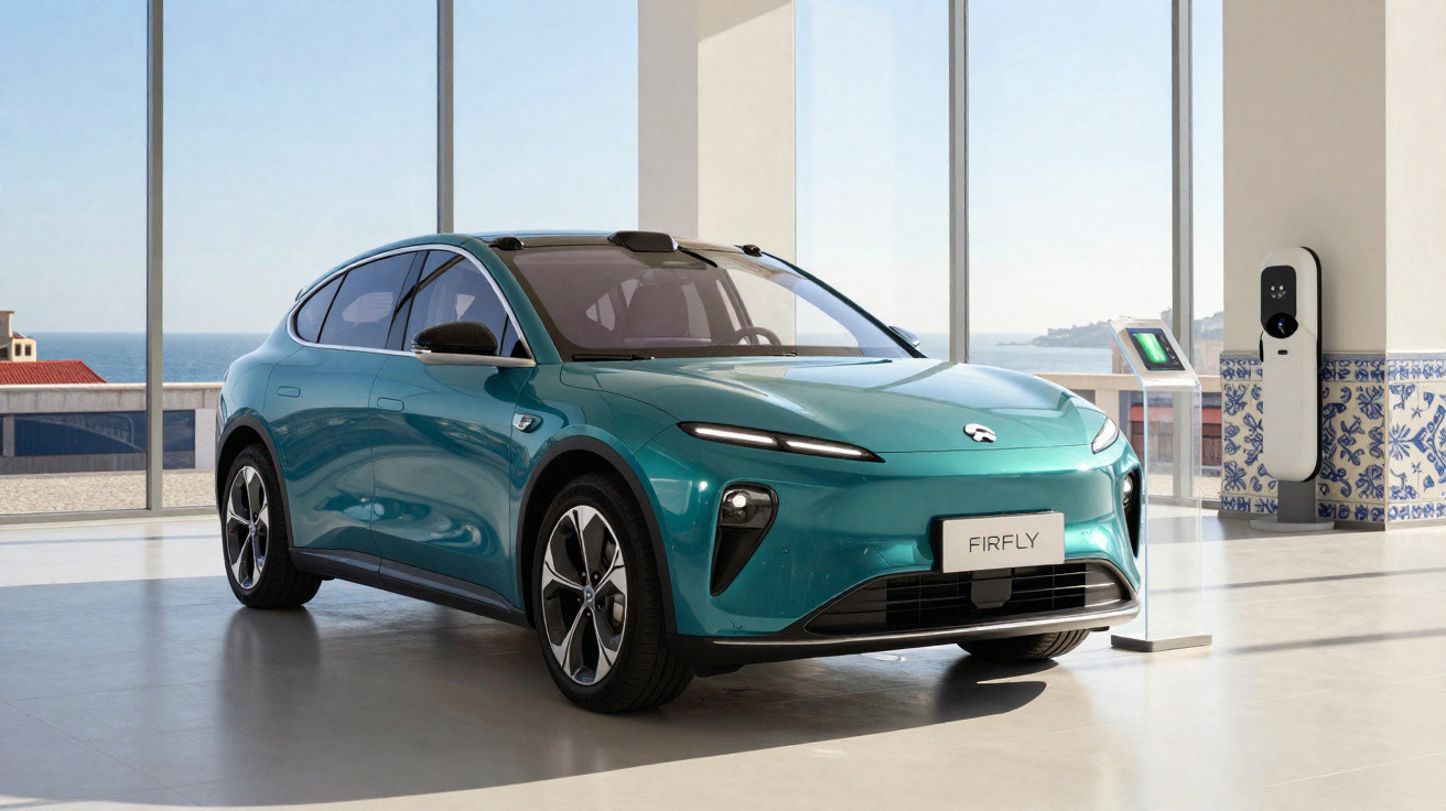 Carro elétrico azul modelo Firfly num espaço interior com janelas amplas e vista para o mar.