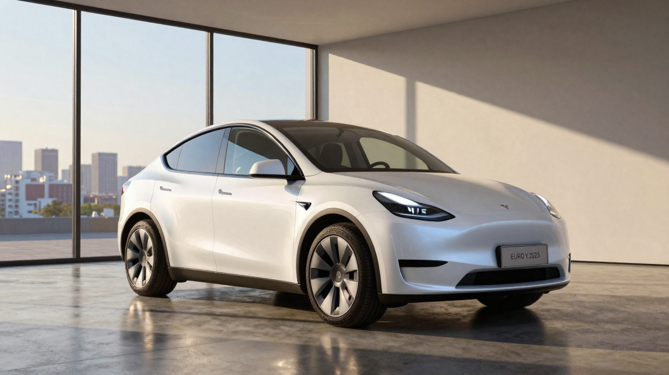 Carro elétrico branco Tesla Model Y estacionado num espaço interior com janelas grandes e vista urbana.