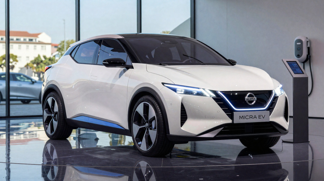 Automóvel elétrico Nissan Micra EV branco estacionado junto a posto de carregamento interior.