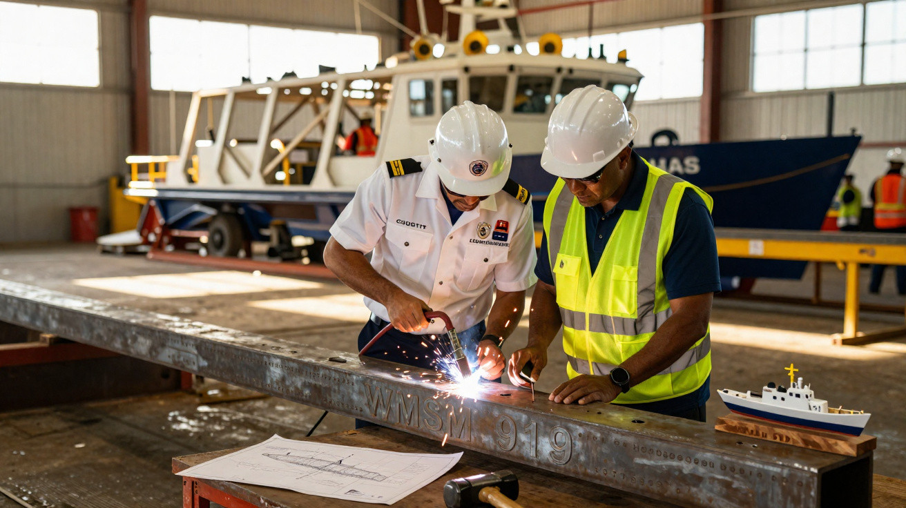 Dois trabalhadores com capacetes de segurança soldam uma viga metálica dentro de um estaleiro naval.
