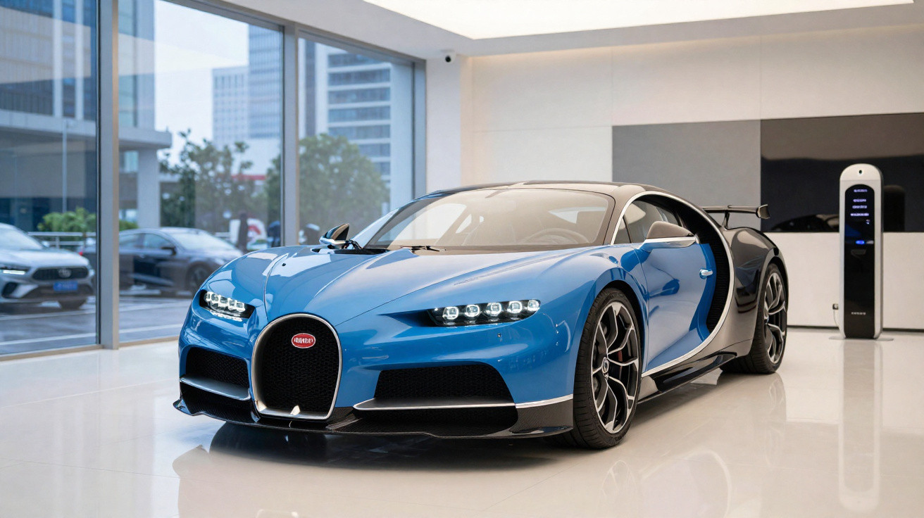 Carro desportivo azul Bugatti Chiron estacionado em interior moderno com vidro panorâmico e posto de carregamento.