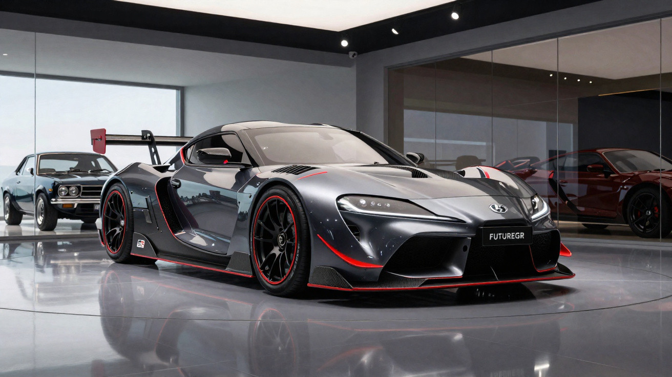 Carro desportivo cinza escuro com detalhes vermelhos exposto num showroom moderno com outros carros ao fundo.