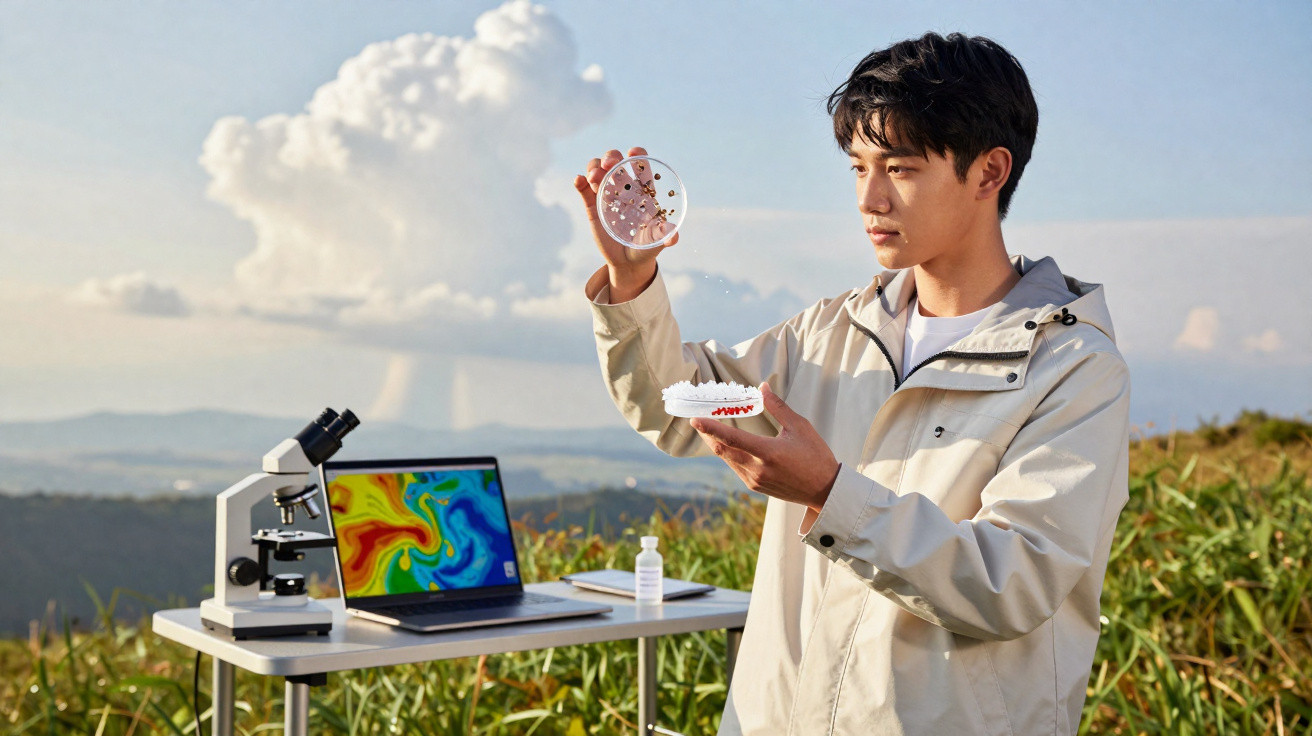 Jovem cientista ao ar livre analisa placas de Petri, com microscópio e computador num campo ao fundo.