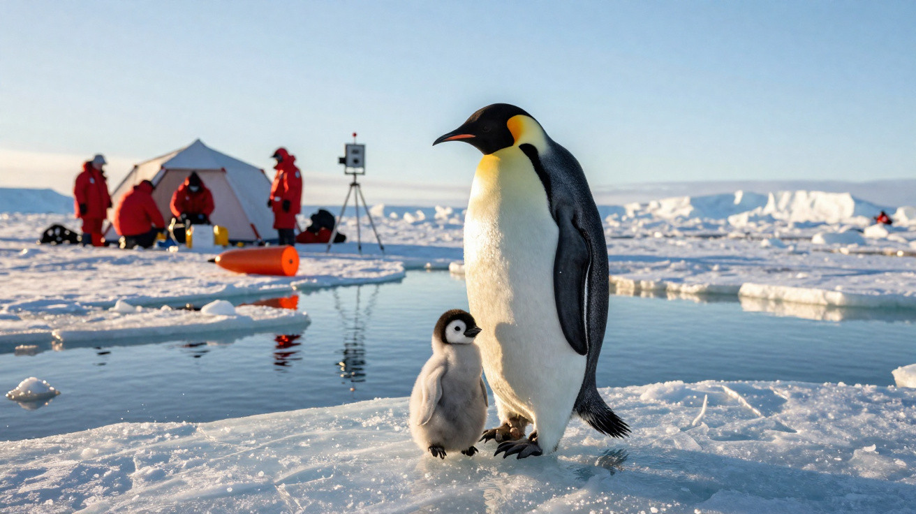 Pinguim-imperador adulto com filhote na superfície gelada próxima a um grupo de cientistas com tendas na Antártida.