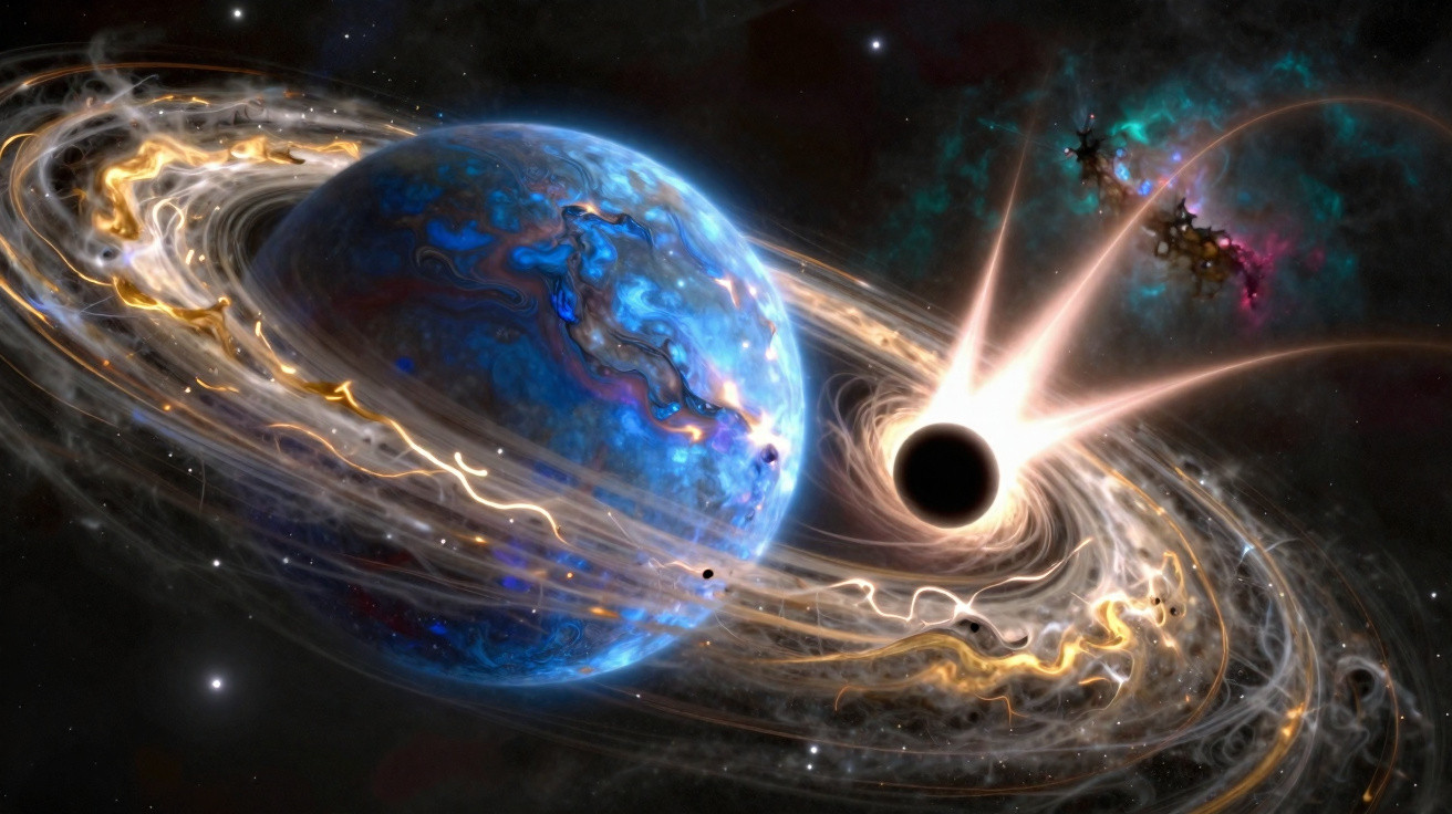 Planeta azul com anéis brilhantes ao redor de um buraco negro a emitir luz intensa no espaço.
