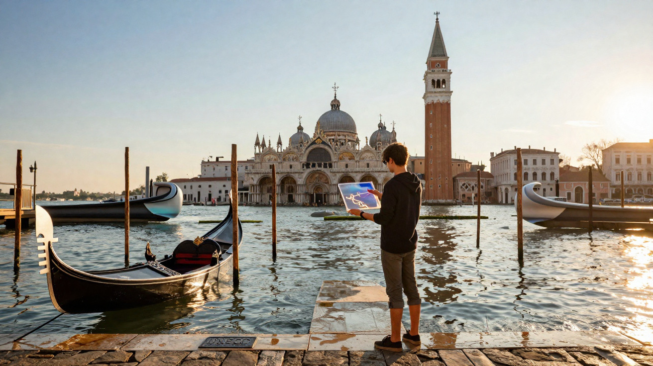 Pessoa com tablet junto ao canal em Veneza com gôndolas e a Basílica de São Marcos ao fundo ao pôr do sol.