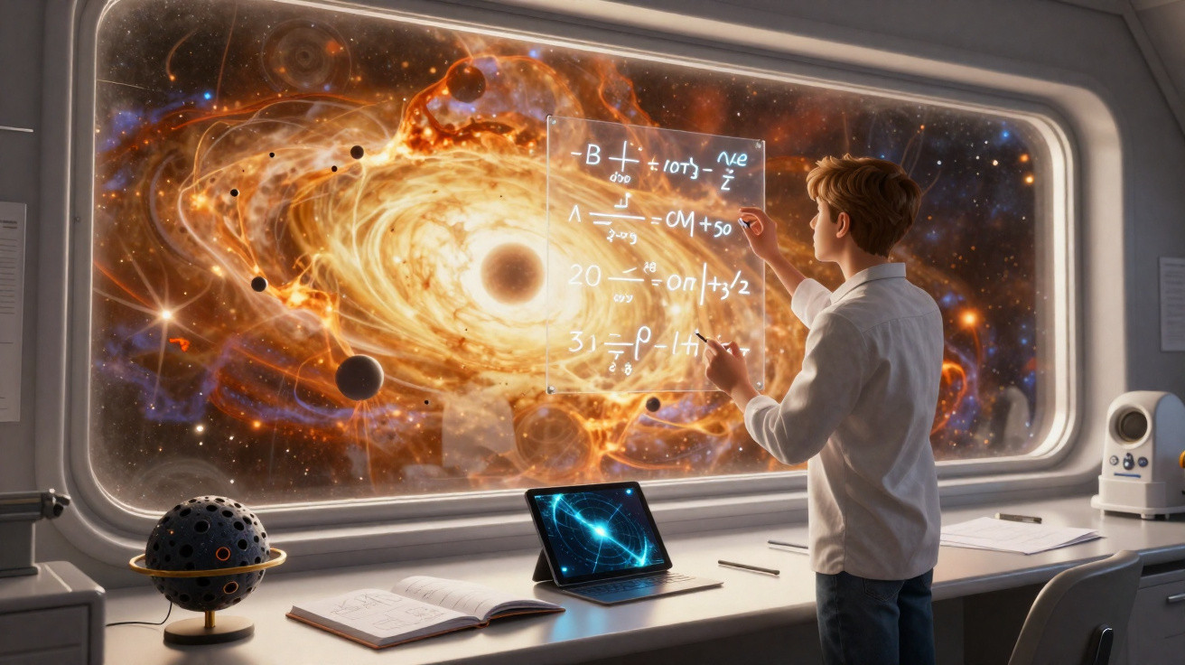 Criança a estudar fórmulas matemáticas com vista para uma galáxia e sistemas planetários através de janela futurista.