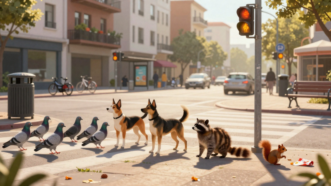 Pombos, dois cães, um guaxinim e um esquilo aguardam para atravessar numa passadeira numa rua da cidade.