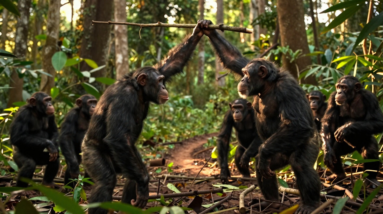 Grupo de chimpanzés na floresta, com um a segurar um galho enquanto os outros observam.