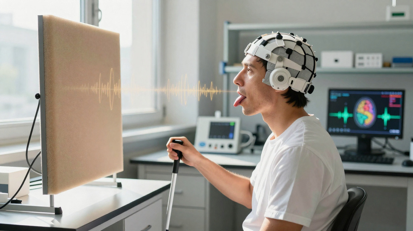 Homem com dispositivo EEG na cabeça, sentado e a comunicar passando a língua, em laboratório de neurociência.