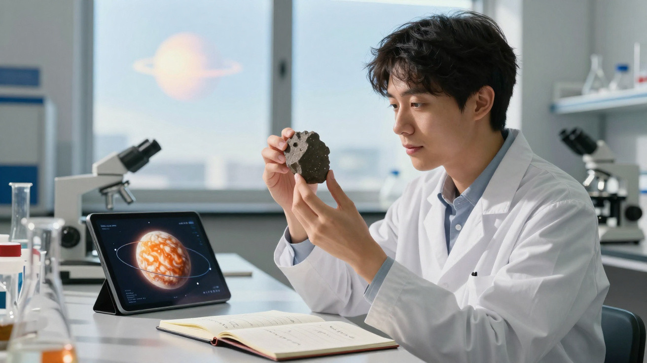 Cientista em laboratório examina meteorito com tablet mostrando planeta e cadernos à frente.