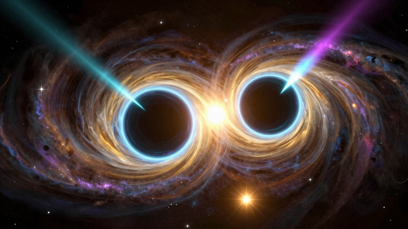 Dois buracos negros em colisão com emissões de jato luminoso azul e roxo no espaço cósmico.