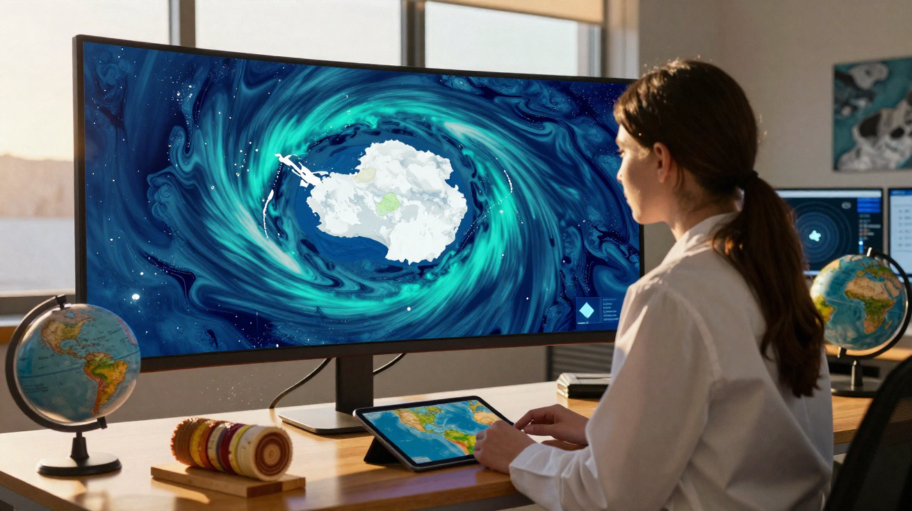 Mulher num laboratório a analisar imagens da Antártida num ecrã ultrapanorâmico e tablet.