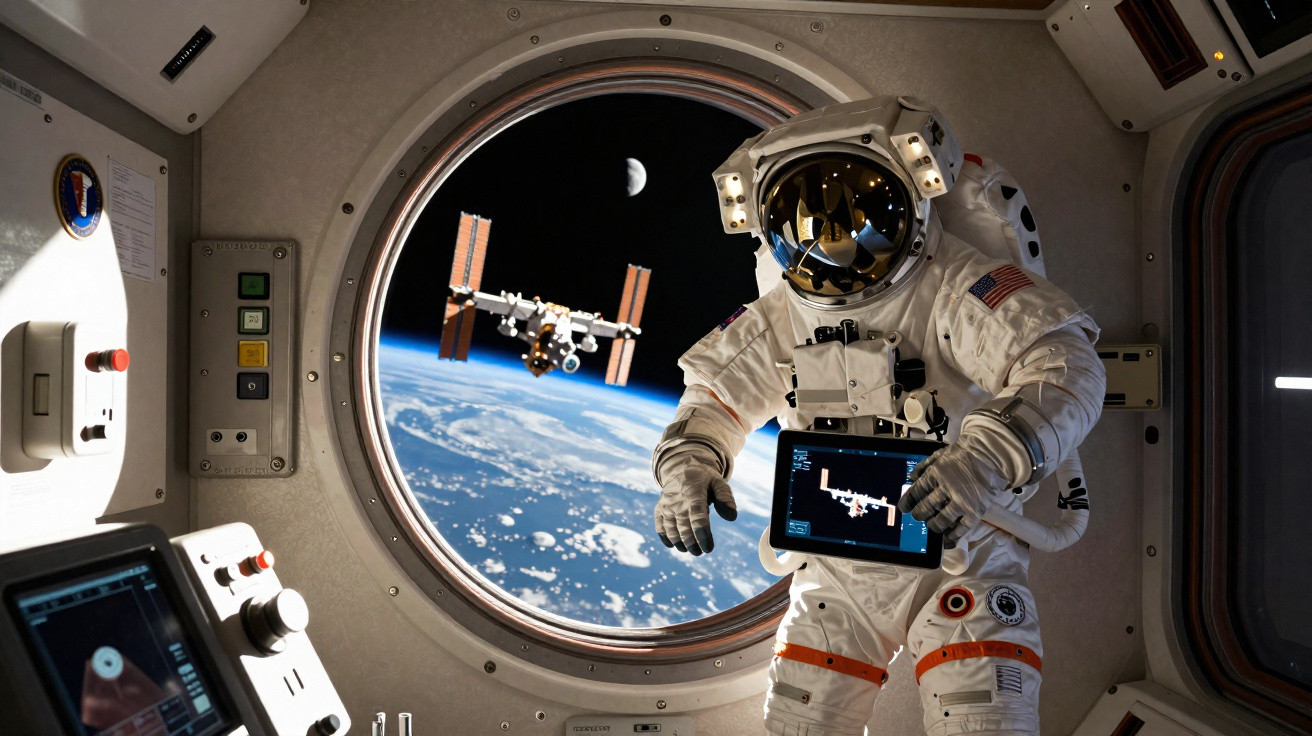 Astronauta em gravidade zero numa estação espacial com vista para a Terra, a Lua e outra estação espacial.