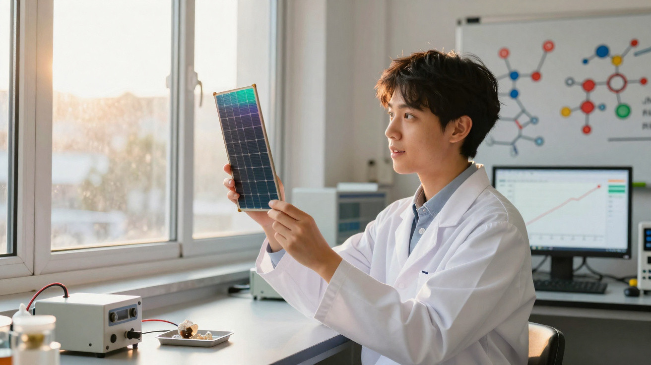 Jovem cientista em bata branca analisa painel solar junto a janela num laboratório moderno.