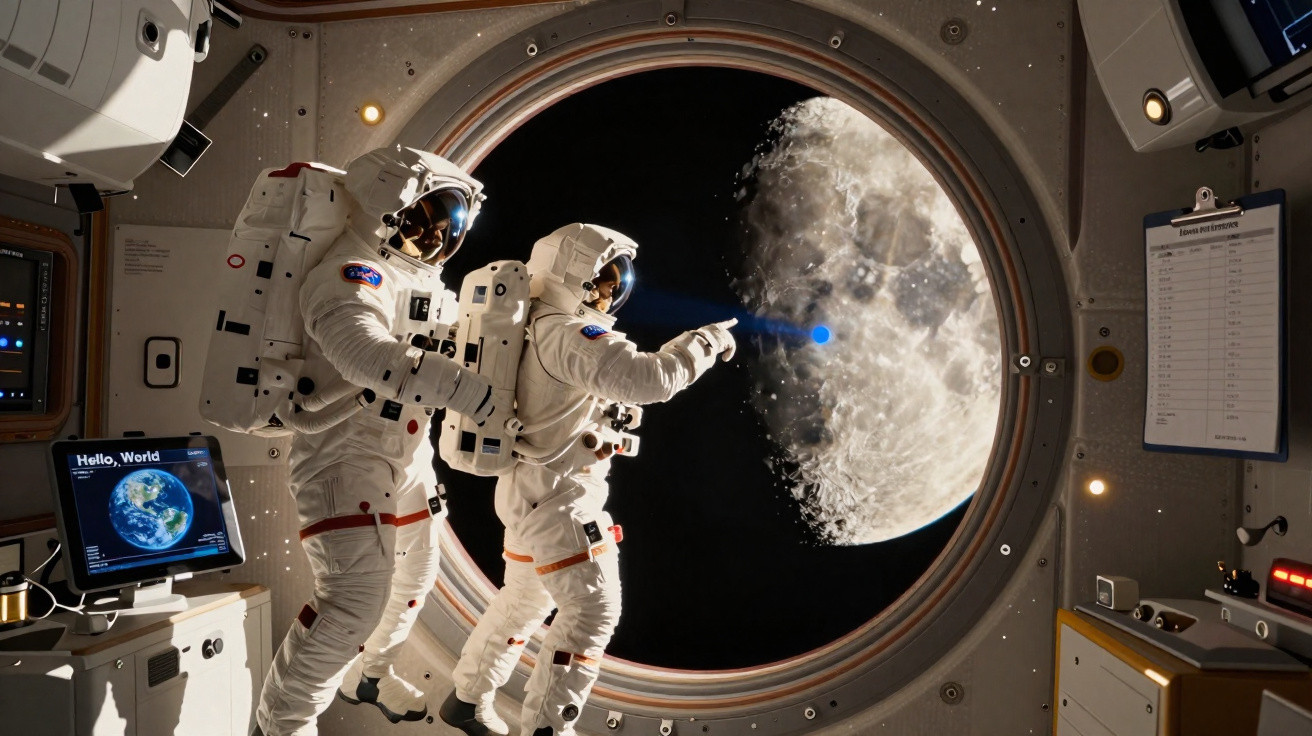 Dois astronautas em traje espacial dentro de uma estação espacial apontam para a lua através de uma janela circular.