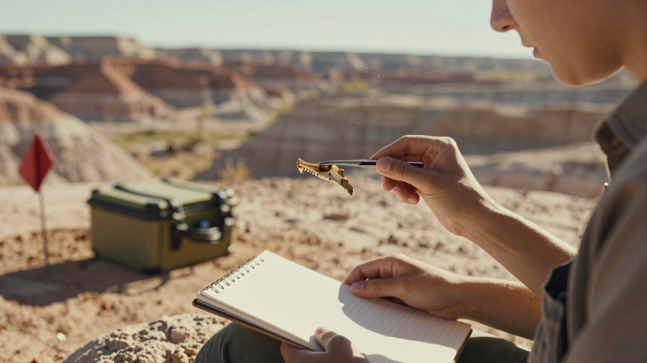 Pessoa segurando uma borboleta com pinça, com bloco de notas aberto e paisagem árida ao fundo.