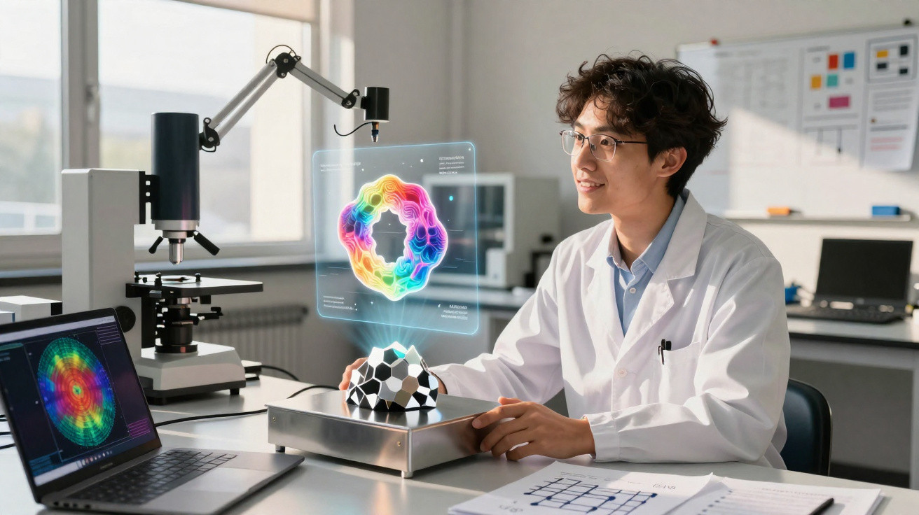 Cientista em laboratório analisa modelo 3D holográfico de estrutura molecular colorida com equipamento tecnológico.