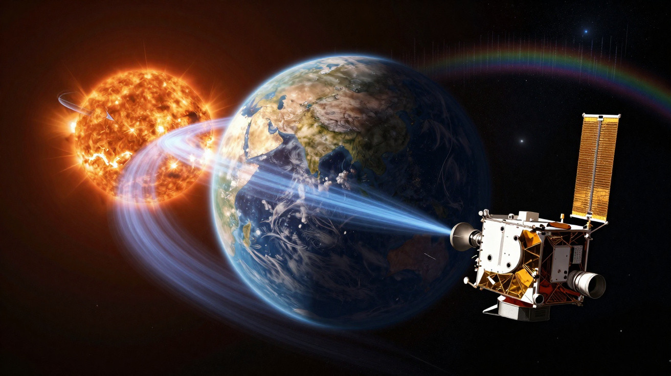 Ilustração do Sol emitindo partículas em direção à Terra com um satélite a captar dados no espaço.
