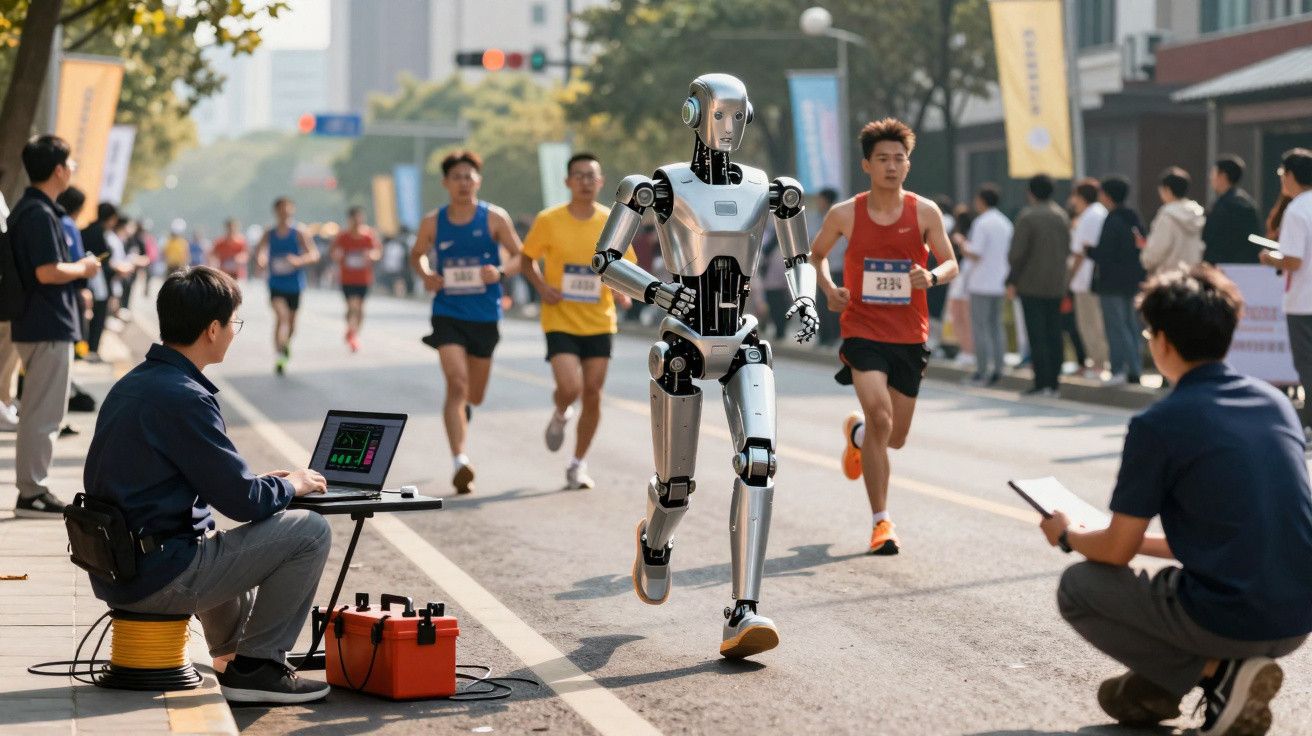 Robô a correr numa maratona de rua com corredores humanos e técnicos a monitorizar dados ao lado.