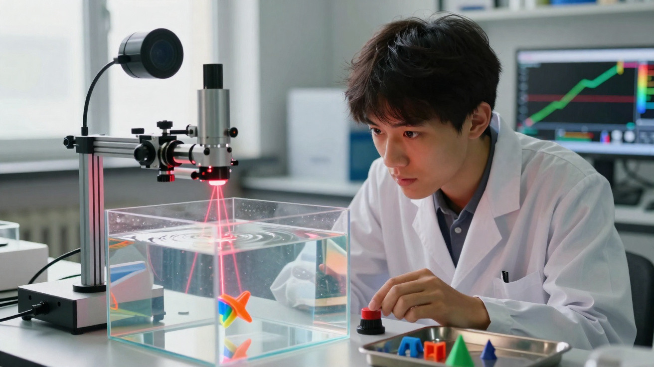 Cientista observa tanque de água com laser em laboratório durante experimento com formas coloridas.