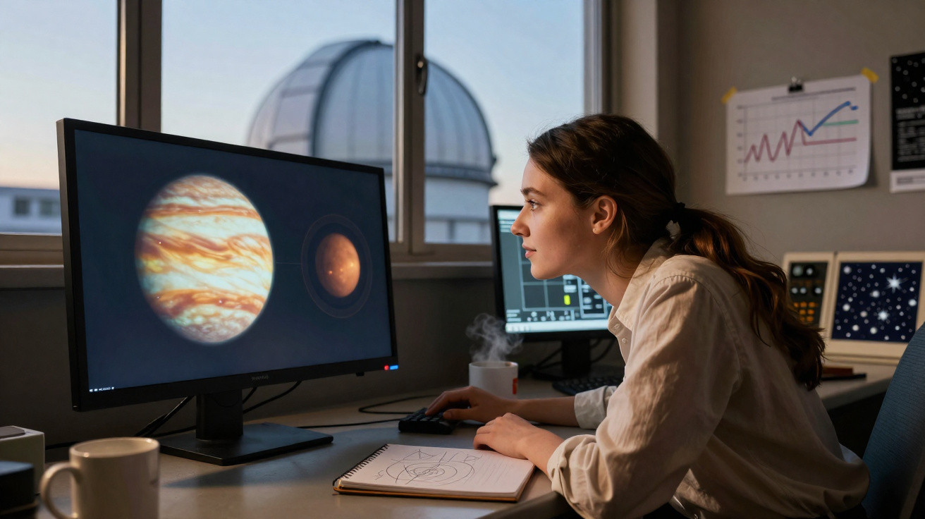 Mulher observando imagens de planetas num ecrã de computador numa sala de astronomia à noite.