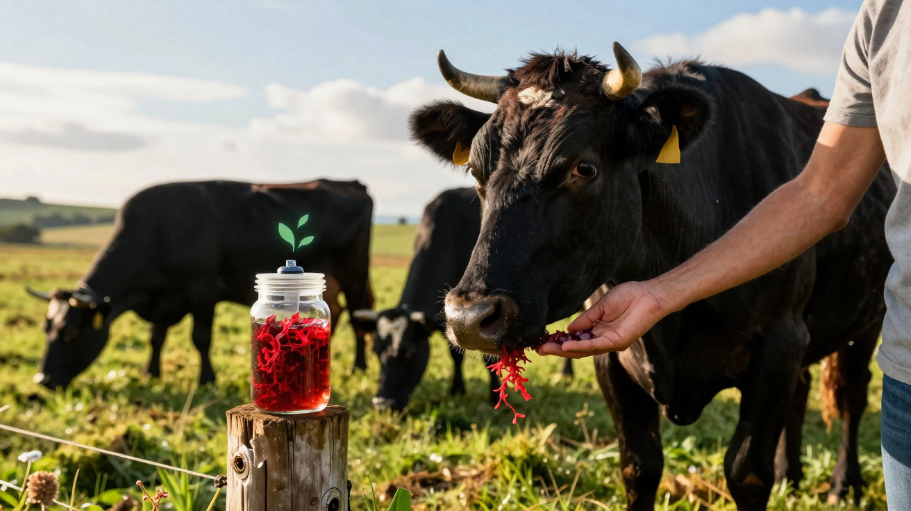 Vaca preta a comer planta vermelha da mão de uma pessoa num campo com outras vacas ao fundo.
